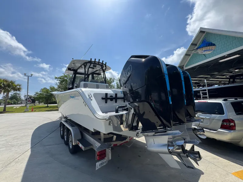 Slide: The Image of 2023 Front Runner 36 Center Console boat on trailer, rear view. - 15