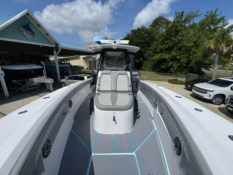 Slide: The Image of 2023 Front Runner 36 Center Console boat with sleek seating and modern design. - 20