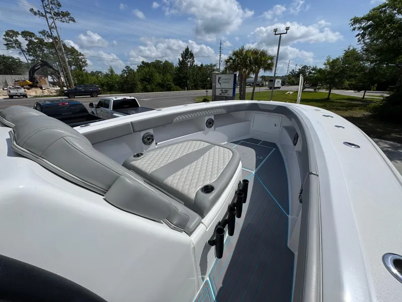 Slide: The Image of 2023 Front Runner 36 Center Console boat, top view of bow with seating and equipment. - 23