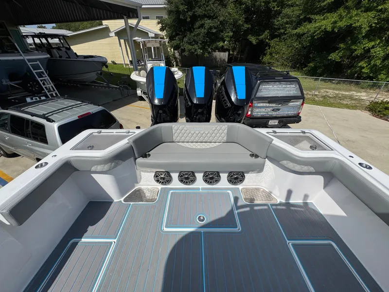 Slide: The Image of 2023 Front Runner 36 Center Console boat with Garmin navigation display. - 37