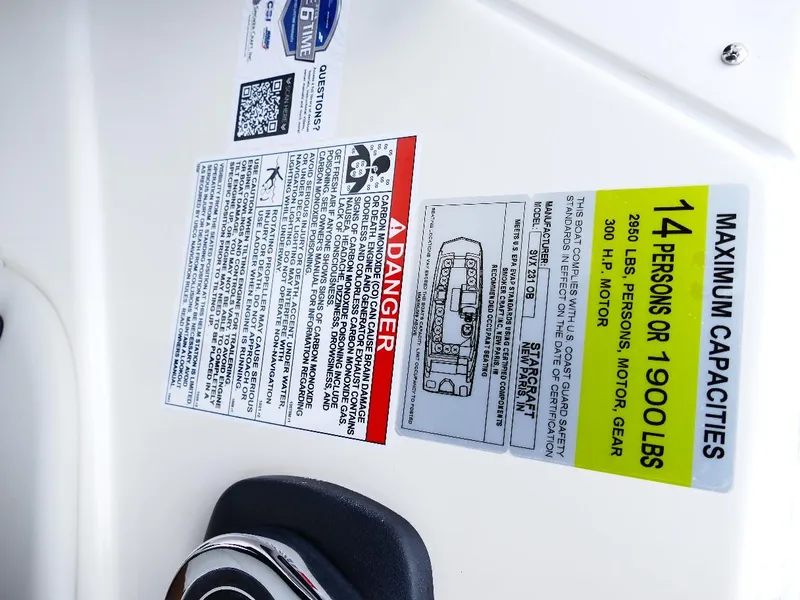 Slide: The Image of Capacity label on 2026 Starcraft SVX 231 OB, maximum 14 persons or 1900 lbs. - 11