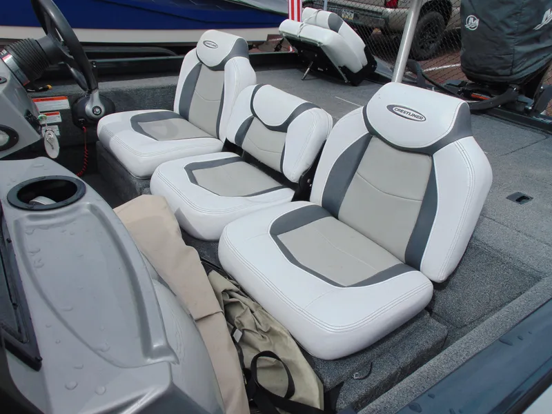 Slide: The Image of 2014 Crestliner VT 19 boat interior with gray and white seating. - 5