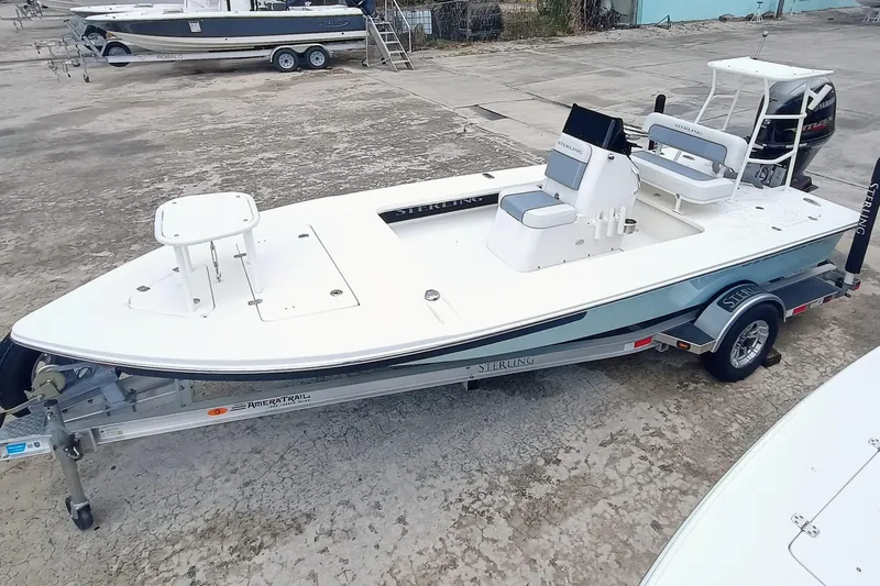 Slide: The Image of 2023 Sterling 180TS boat on trailer, white deck, outdoor setting. - 19