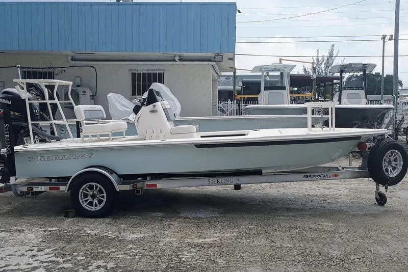 Slide: The Image of 2023 Sterling 180TS boat on trailer, parked outdoors near a building. - 26