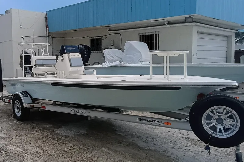 Slide: The Image of 2023 Sterling 180TS boat on trailer, parked outdoors near a blue building. - 3
