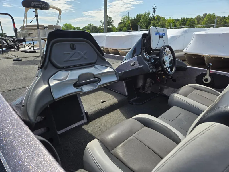 Slide: The Image of 2014 Skeeter ZX 20 boat interior with steering wheel and seats, featuring modern design elements. - 8