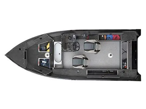 Slide: The Image of 2022 Alumacraft Escape 145 CS boat interior layout with seating and storage compartments. - 13
