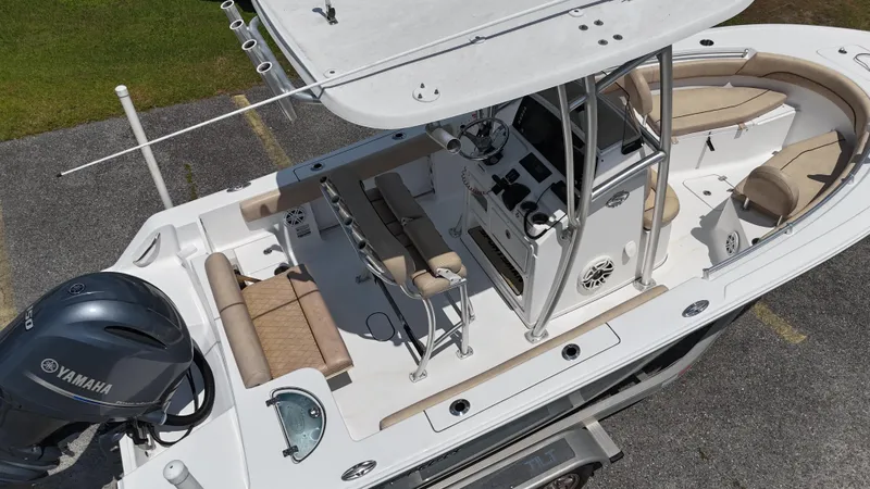 Slide: The Image of 2019 Sportsman Open 212 Center Console boat with Yamaha engine, aerial view. - 6