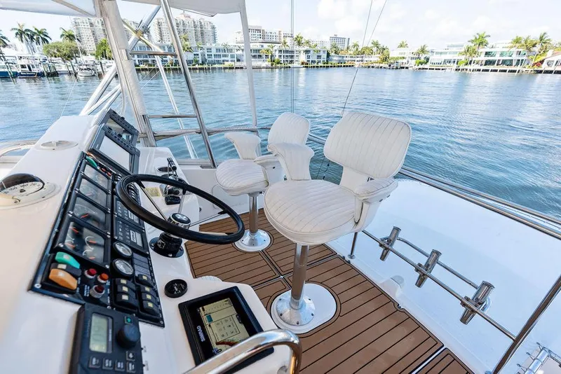 Slide: The Image of Control panel of a 2001 Riviera 48 yacht with steering wheel and gauges. - 33