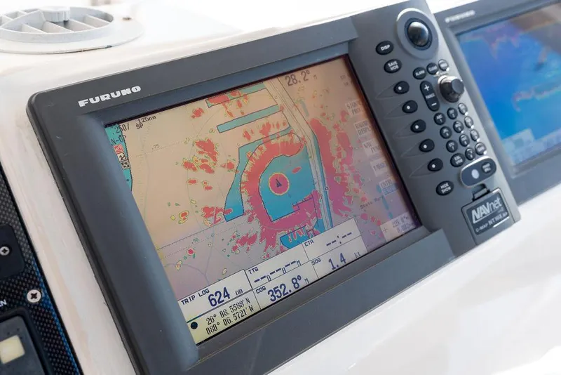 Slide: The Image of Furuno marine navigation display on 2001 Riviera 48 boat, showing sonar data. - 37