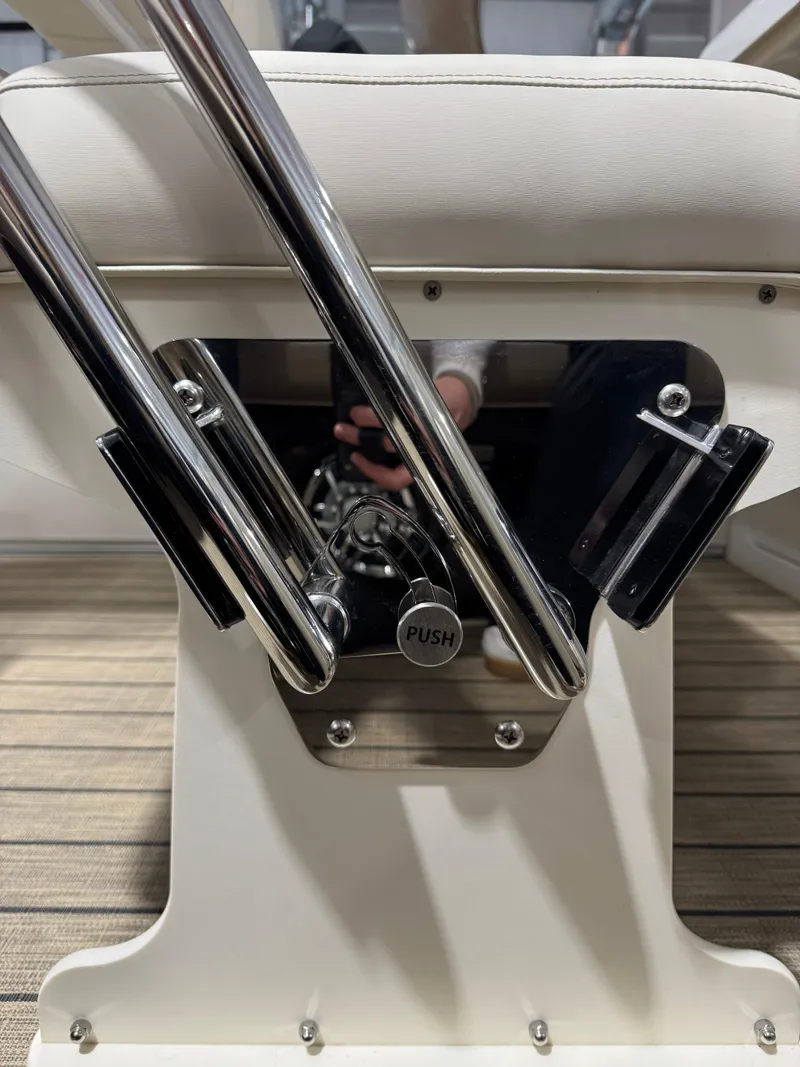 Slide: The Image of Close-up of Avalon 2585 25 Catalina ENT boat seat with chrome details, 2025 model. - 15