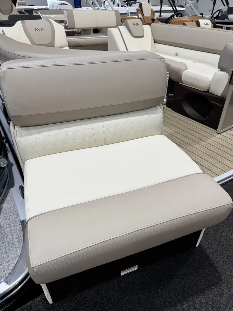 Slide: The Image of 2025 Avalon 2585 25 Catalina ENT boat seating, beige and white upholstery, luxurious design. - 3
