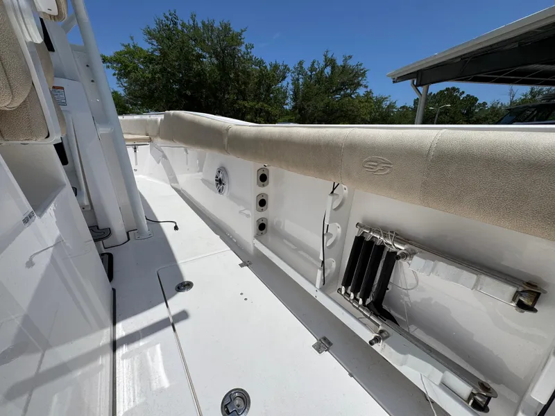 Slide: The Image of 2022 Sea Fox 288 Commander boat interior with seating and storage compartments. - 44