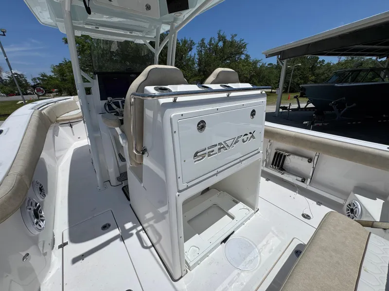 Slide: The Image of 2022 Sea Fox 288 Commander boat interior with seating and storage. - 47