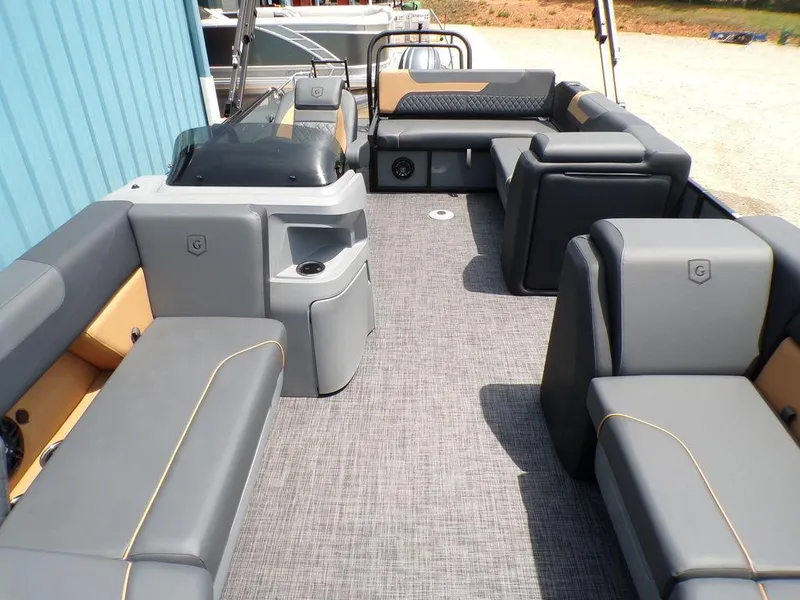Slide: The Image of 2025 Godfrey Sweetwater 2286 SFL pontoon boat interior with gray seating and modern design. - 13