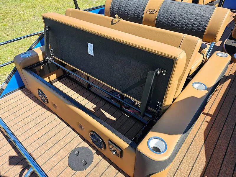 Slide: The Image of 2025 Bentley Pontoons 223 Elite Swingback Tritoon with luxurious seating and cup holders. - 16