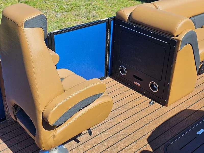 Slide: The Image of 2025 Bentley Pontoons 223 Elite interior with tan seats and wood flooring. - 19