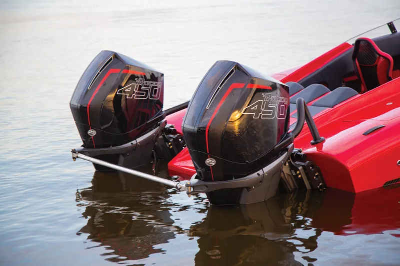 Slide: The Image of 2025 Fountain 34 Thundercat with twin Mercury 450R engines on water. - 6