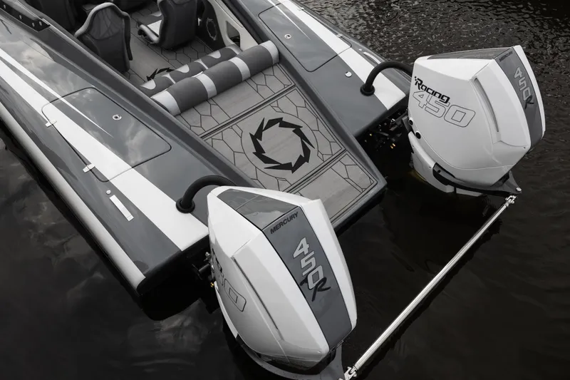 Slide: The Image of 2025 Fountain 34 Thundercat boat with dual 450R engines on water. - 8