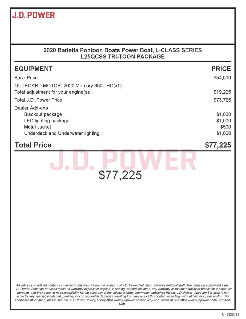 Slide: The Image of 2020 Barletta L25QCSS pontoon boat pricing details from J.D. Power, total price $77,225. - 1