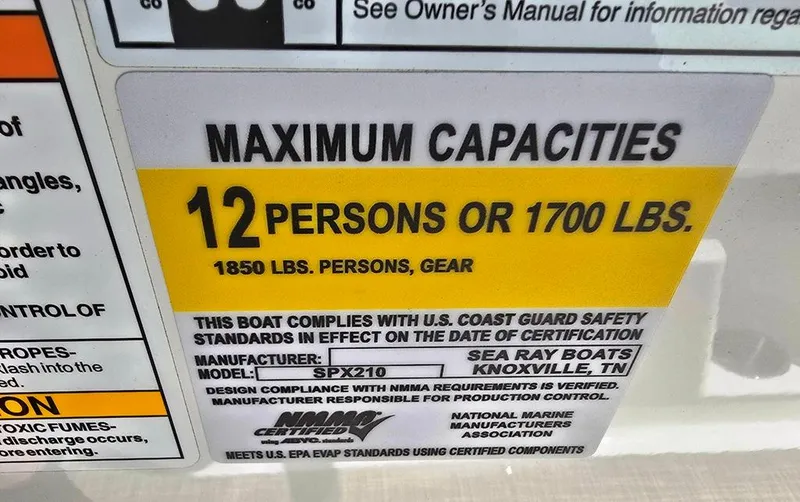 Slide: The Image of Sea Ray SPX 210 capacity label: 12 persons or 1700 lbs, 2020 model. - 18
