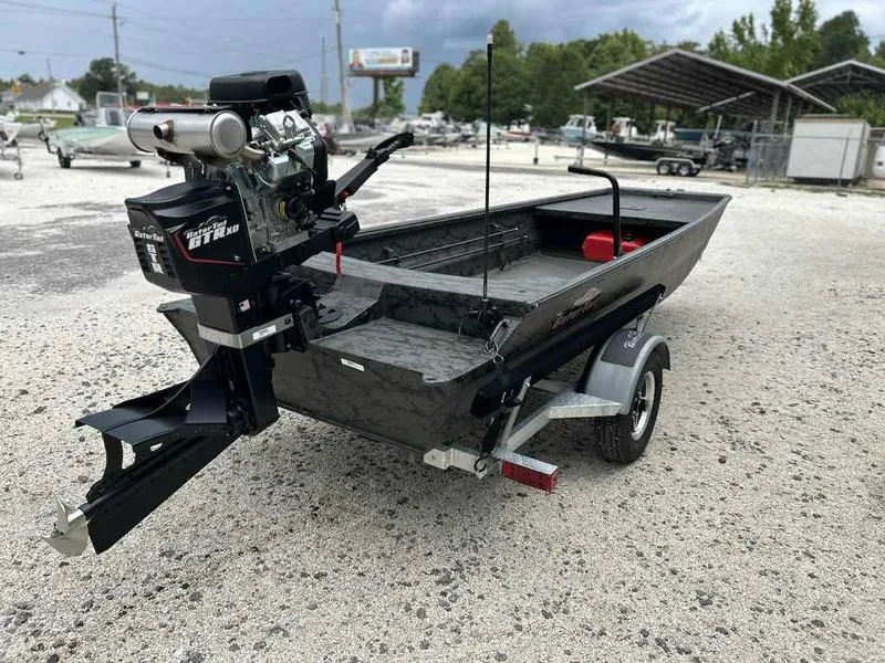 Slide: The Image of 2025 Gator Tail 1748 Gator Series boat on trailer, outdoor setting. - 6