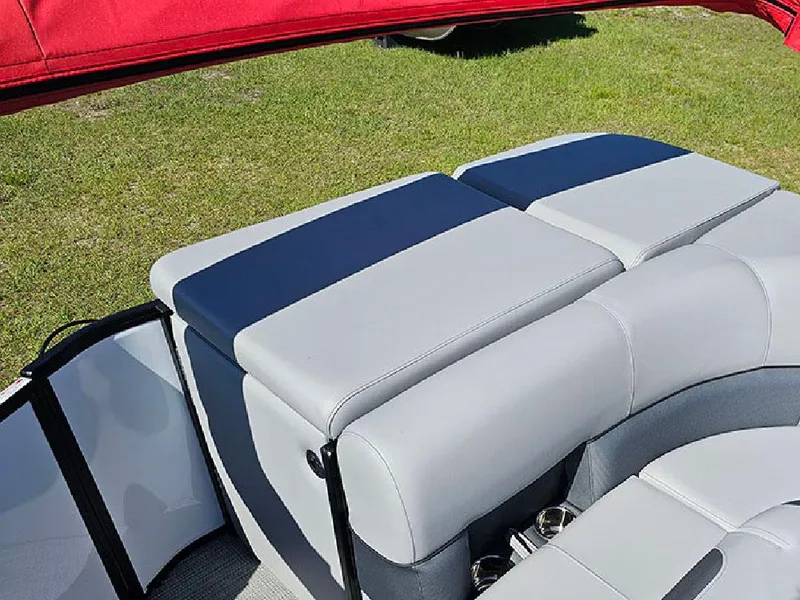 Slide: The Image of 2025 Bentley Pontoons Legacy 243 Cruise seat with embroidered logo detail. - 23