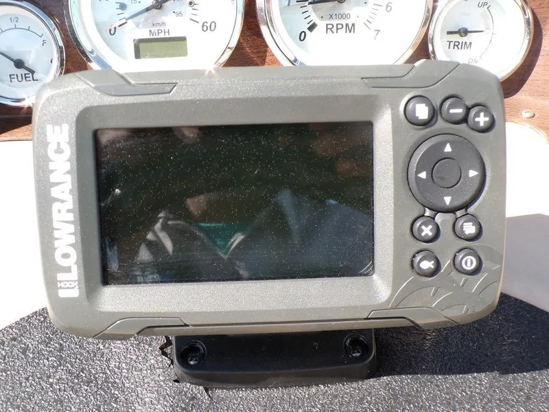 Slide: The Image of Lowrance fish finder on 2018 Crestliner 220 RALLY boat dashboard with gauges. - 8
