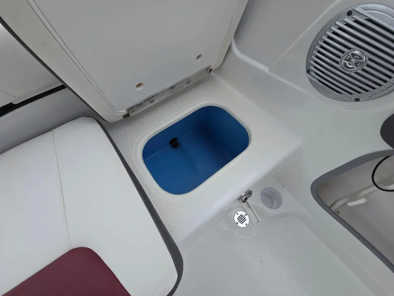 Slide: The Image of Interior of 2019 Tahoe 500 TF boat showing storage compartment and speaker. - 46