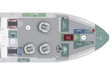Slide: The Image of 2023 Alumacraft Trophy 185 boat layout with seating, storage, and battery compartments. - 10