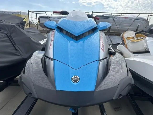 Slide: The Image of 2024 Yamaha WaveRunners GP HO with Audio, blue, front view, on display. - 8