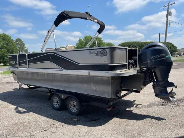 Slide: The Image of 2019 SunCatcher V 322CC pontoon boat with Yamaha motor on trailer. - 4