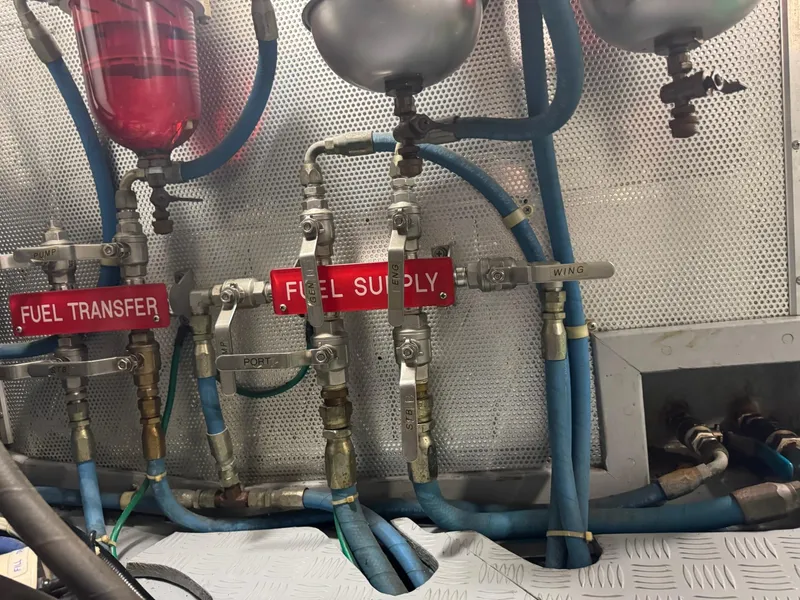 Slide: The Image of Fuel system of a 2003 Nordhavn N46 boat with labeled transfer and supply lines. - 35