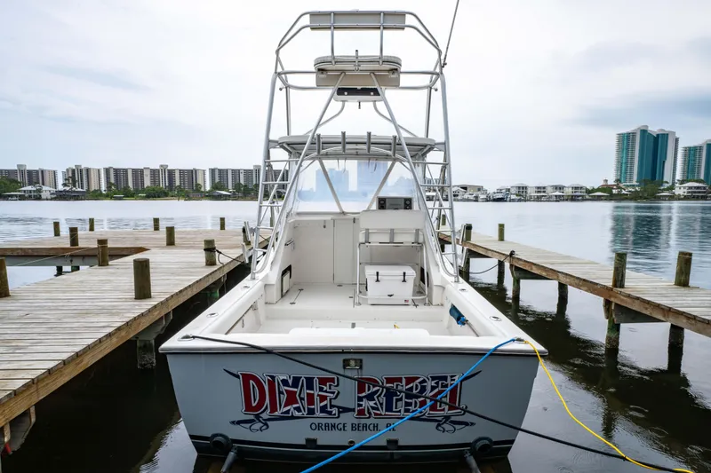 Slide: The Image of 1978 Topaz 28 boat docked at marina, labeled "Dixie Rebel," with waterfront cityscape background. - 8