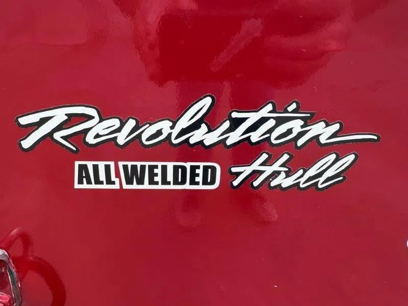 Slide: The Image of Revolution All Welded Hull logo on red 2019 Tracker Pro Team 175 boat. - 11