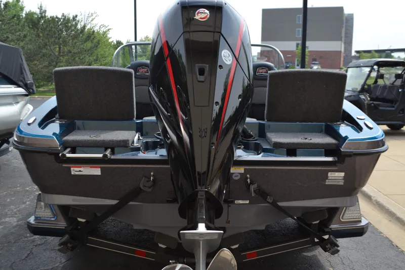 Slide: The Image of 2025 Ranger 1880MS boat rear view with powerful outboard motor. - 2