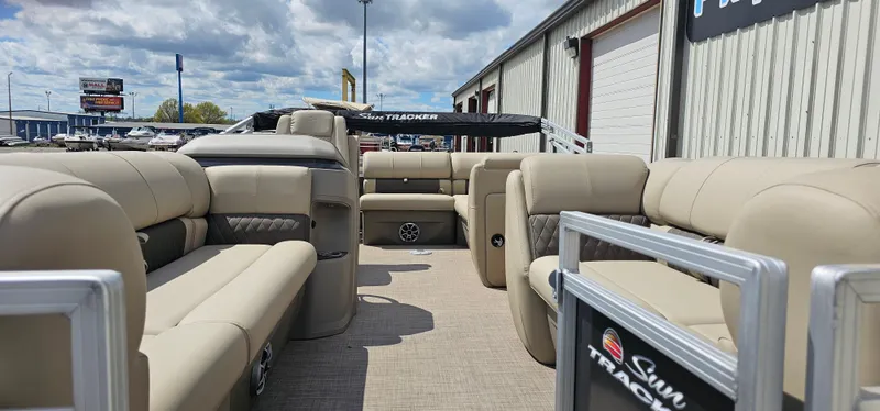 Slide: The Image of 2025 Sun Tracker Party Barge 20 DLX with spacious seating and modern design. - 5