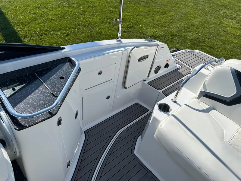 Slide: The Image of 2015 Monterey M4 boat interior with sleek seating and modern design. - 30