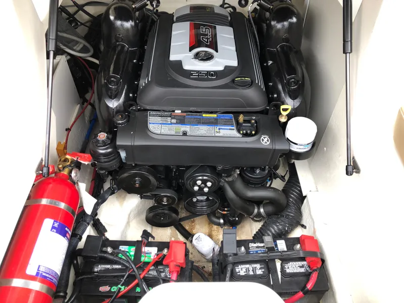 Slide: The Image of 2017 Sea Ray SDX 220 engine compartment with batteries and fire extinguisher. - 8