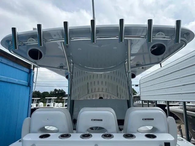 Slide: The Image of 2024 Contender 39 ST boat with rod holders and seating, viewed from the rear. - 6