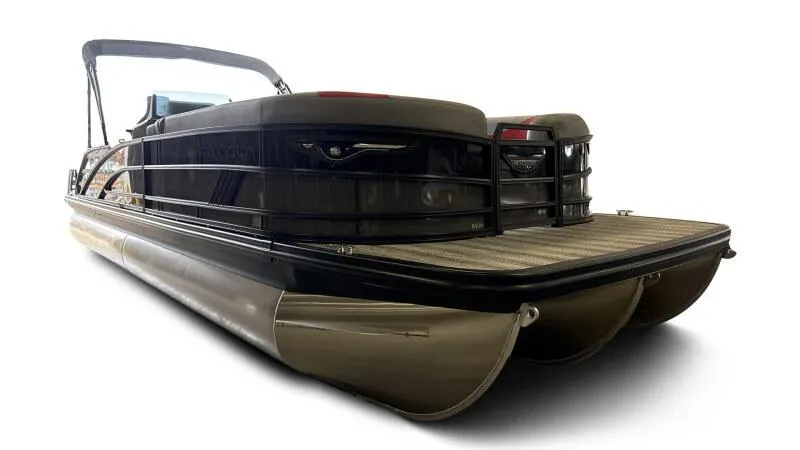 Slide: The Image of 2025 Bennington 26 MSB pontoon boat, sleek design, rear view, black and metallic finish. - 3