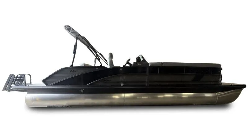 Slide: The Image of 2025 Bennington 26 MSB pontoon boat, sleek black design, side view. - 5