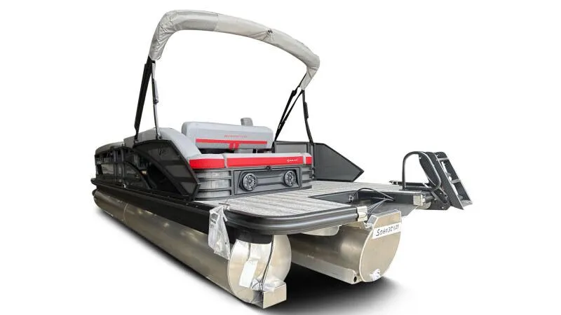 Slide: The Image of 2025 Bennington 26 MSB pontoon boat with canopy and modern seating design. - 6