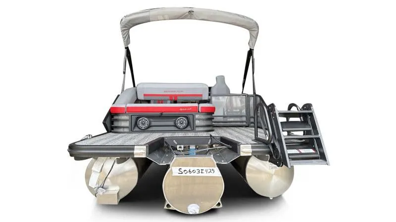 Slide: The Image of 2025 Bennington 26 MSB pontoon boat, rear view, showcasing sleek design and modern features. - 7