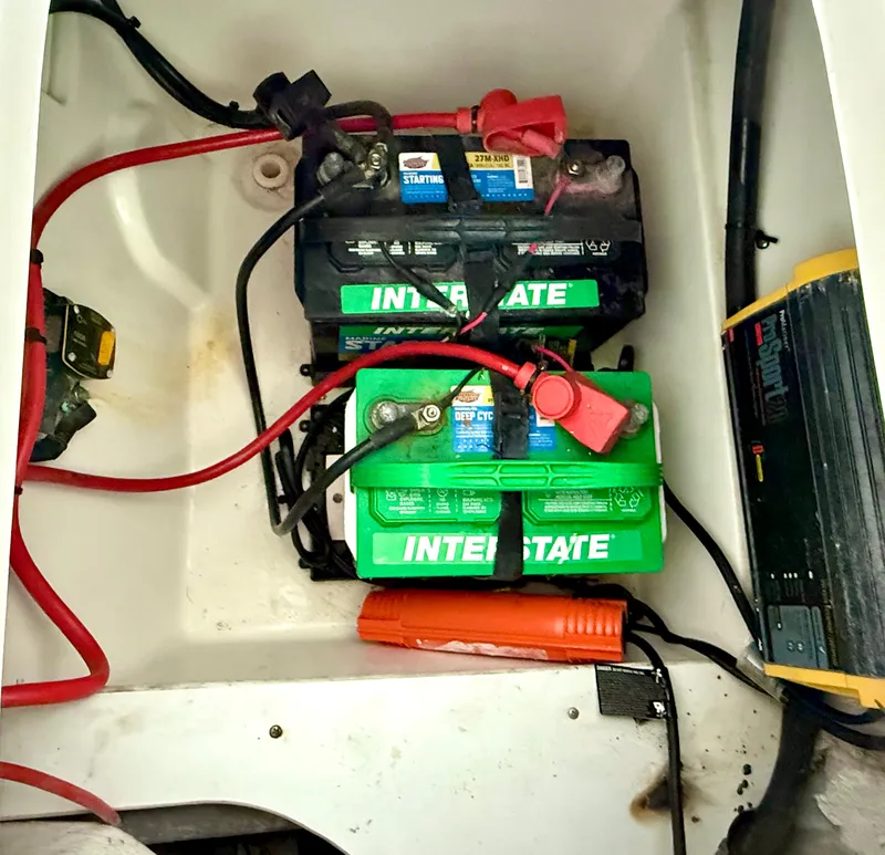 Slide: The Image of Batteries and wiring inside a 2017 Sea Fox 288 Commander boat. - 27