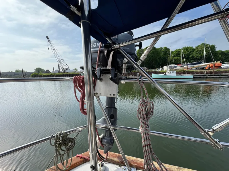 Slide: The Image of Sailboat deck view with rigging and waterway, Passport 40, 1982 model. - 15