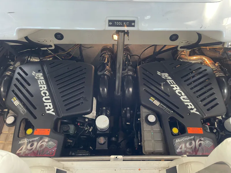 Slide: The Image of Twin Mercury MerCruiser 496 MAG engines in a 2004 Cobalt 360 boat. - 27