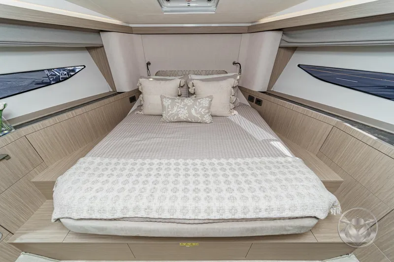 Slide: The Image of Luxurious bedroom interior of 2026 Prestige F4.3 yacht with elegant bedding and modern design. - 35