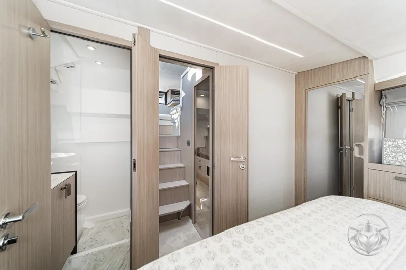 Slide: The Image of Modern interior of 2026 Prestige F4.3 yacht with wooden doors and elegant design. - 37