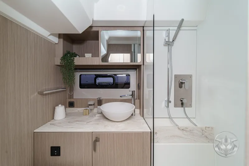 Slide: The Image of Modern bathroom in 2026 Prestige F4.3 yacht with sleek design and elegant fixtures. - 43
